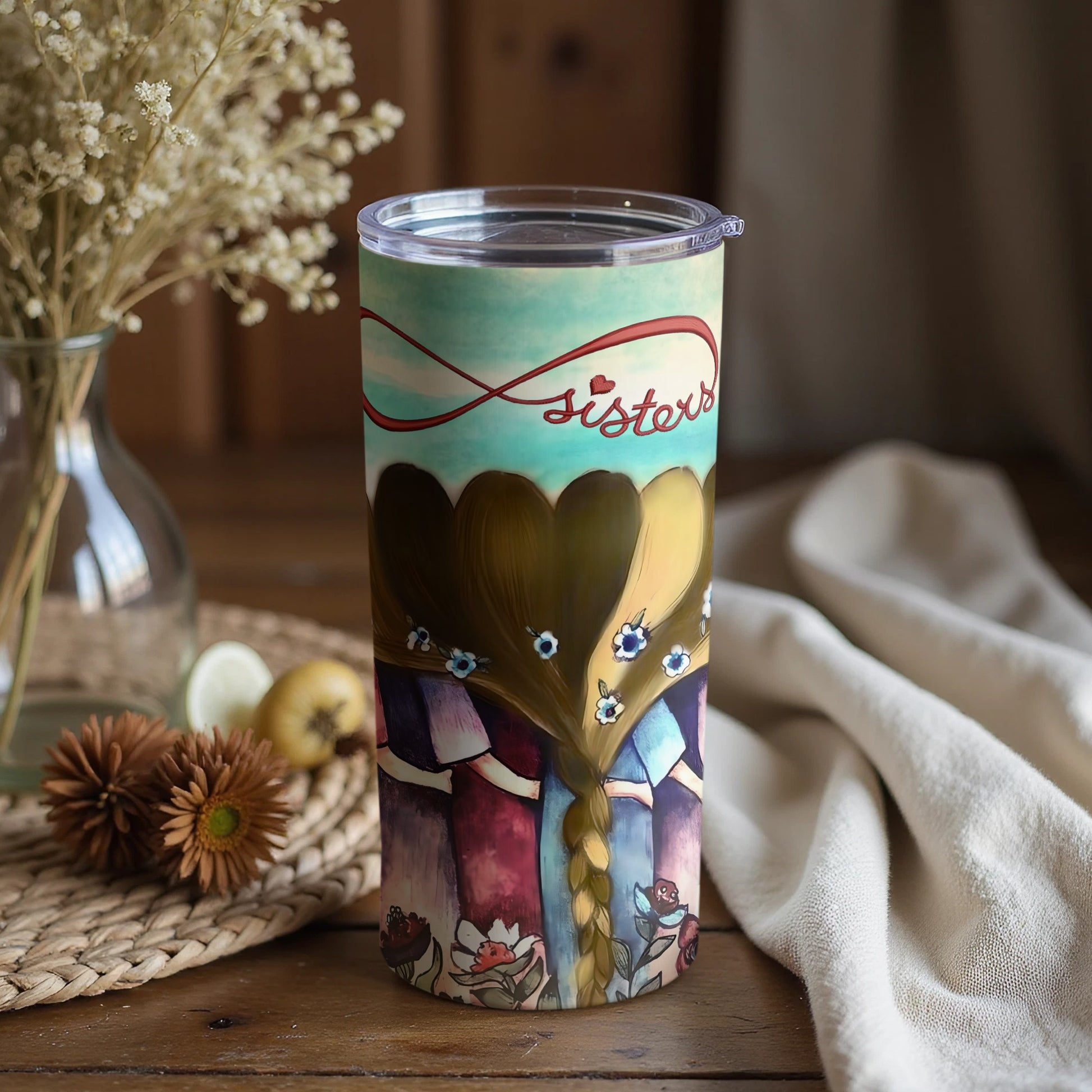 Sisters Tumbler With Vibrant Heart Design