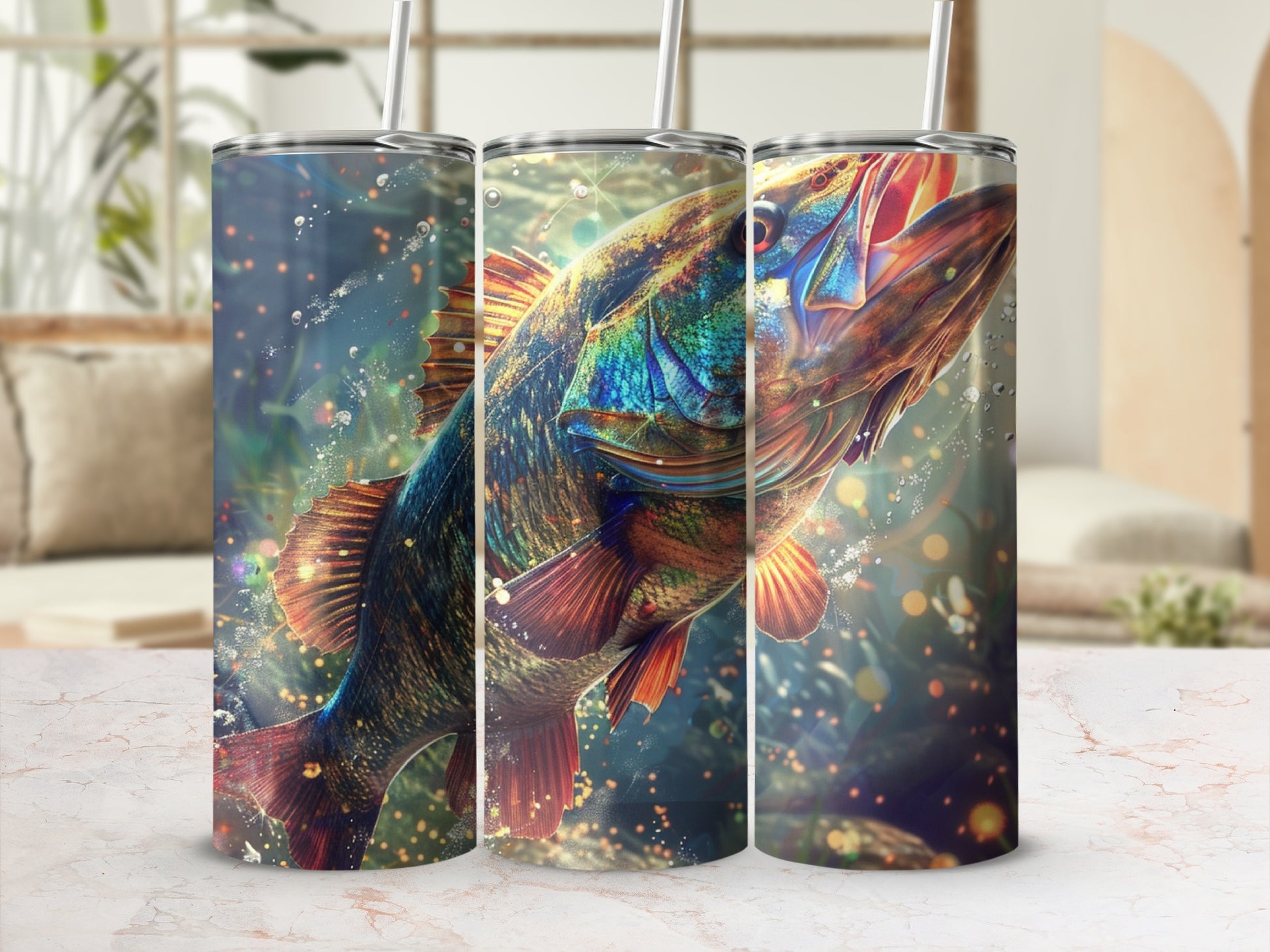 Colorful fish design on three tumblers with straws, blurred background.