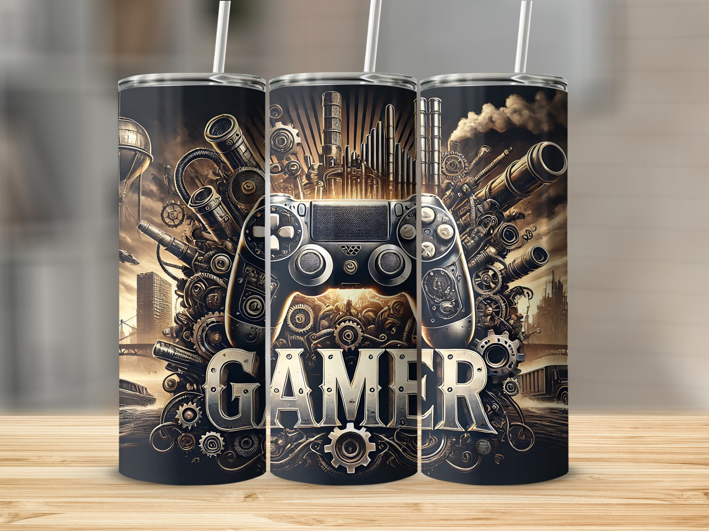 Gamer controller design on three tumblers with steampunk city background.