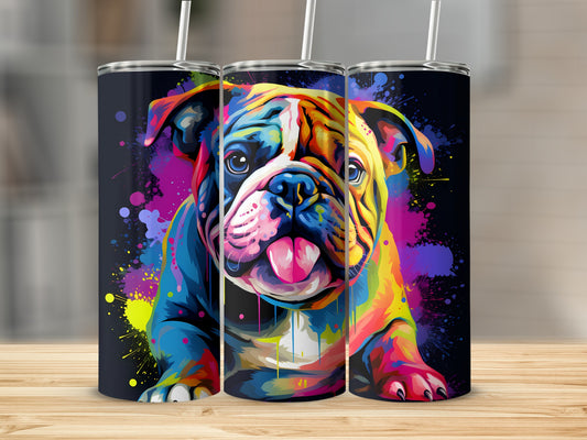 Colorful watercolor bulldog art on three tumblers.