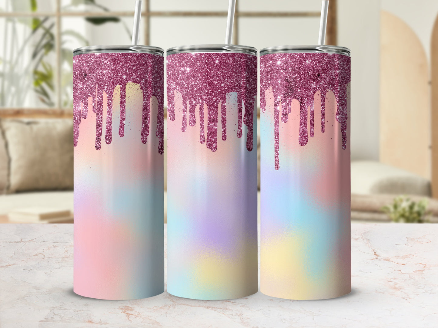 Three tumblers with glittery pink drips over watercolor pastels.