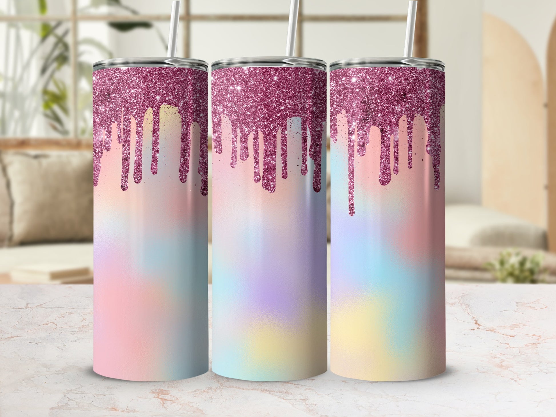Three tumblers with glittery pink drips over watercolor pastels.