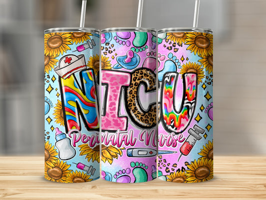 NICU Perinatal Nurse tumbler with sunflowers, stethoscope, and baby items.