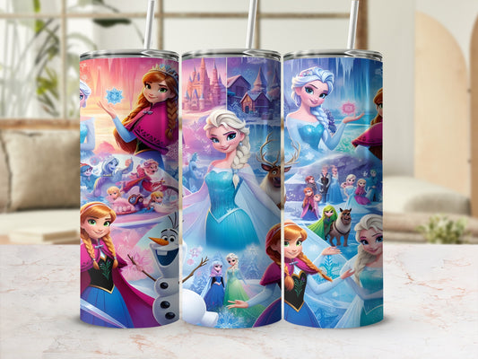 Three Frozen-themed tumblers featuring Elsa, Anna, and Olaf.
