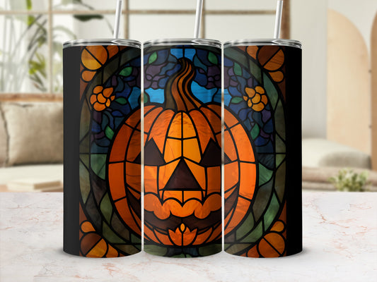 Three stained-glass style tumblers featuring a Jack-o'-lantern design.