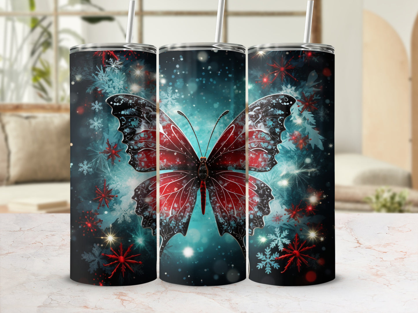 Red and black butterfly with snowflake pattern on a dark blue background.