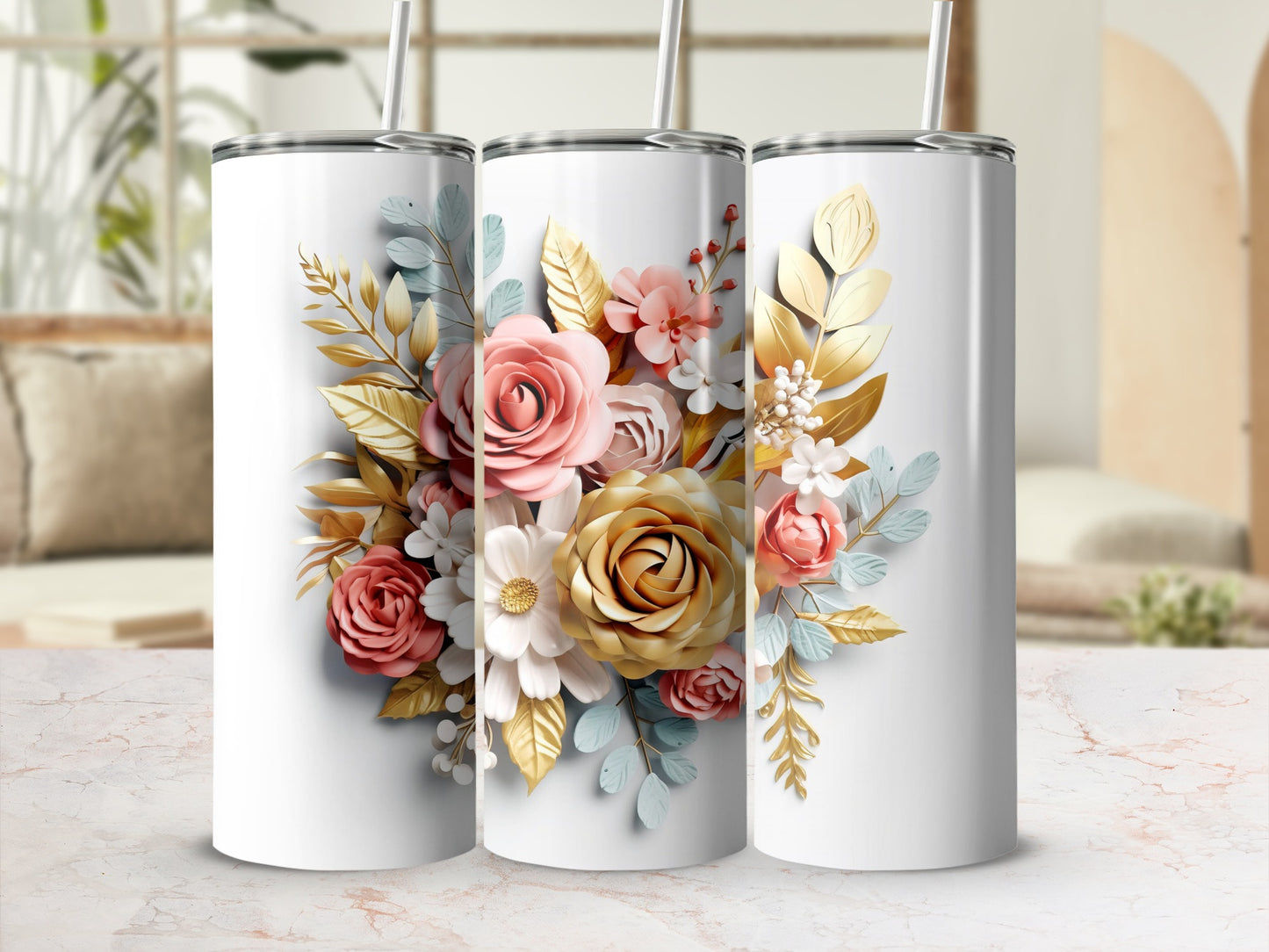 Elegant Floral Design White Tumblers for Daily Use