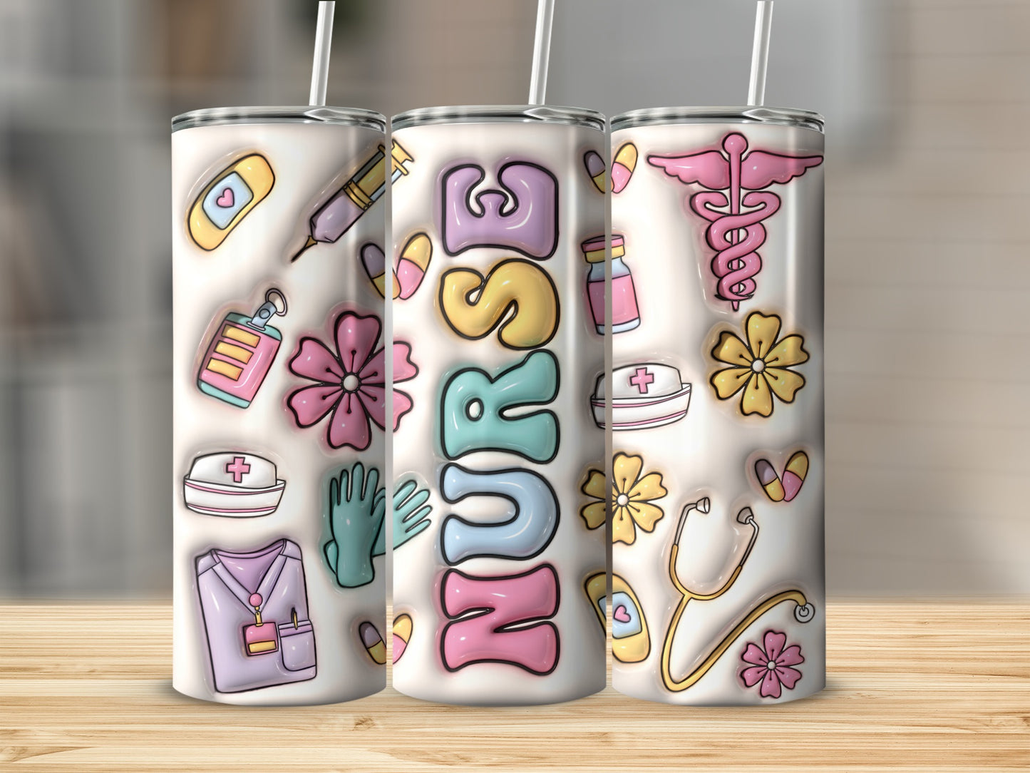 Tumbler with "NURSE" text and medical icons like stethoscope and caduceus.