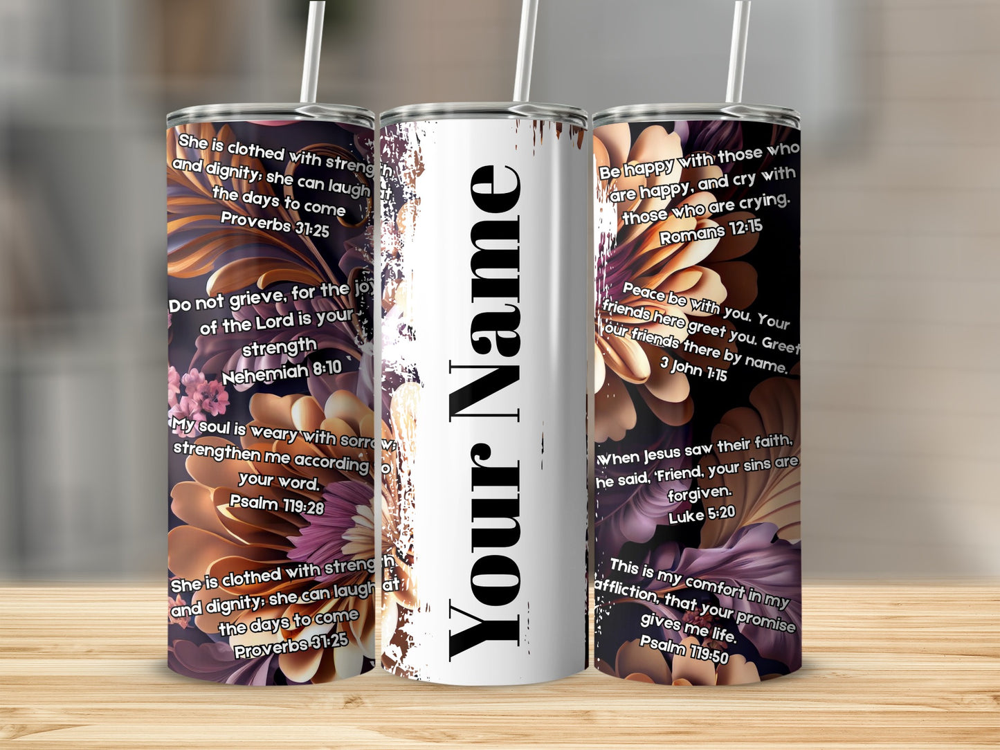Personalized Floral Scripture Tumbler With Multiple Verses
