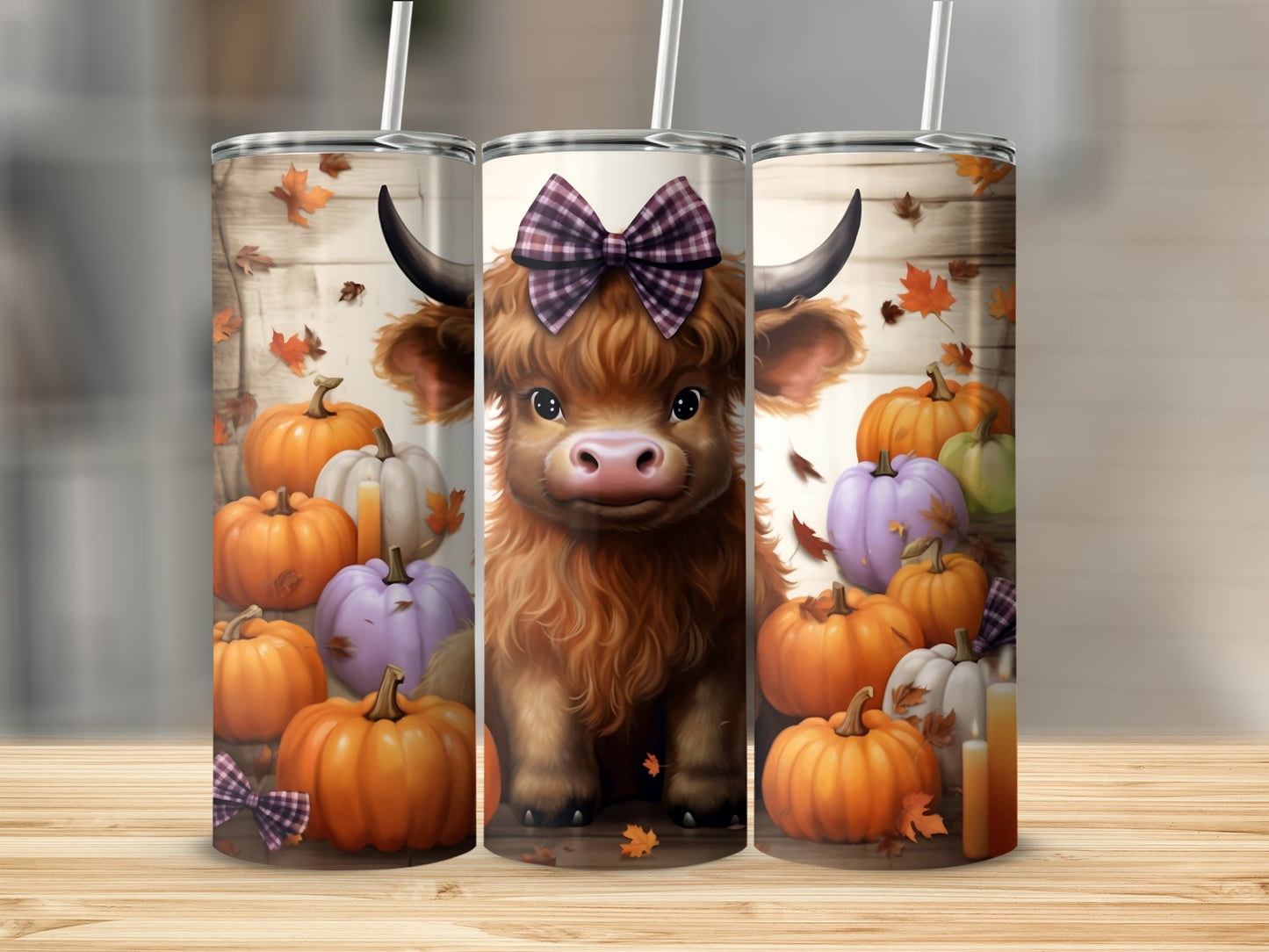 Cute Highland Cow with Autumn Pumpkins Design tumbler