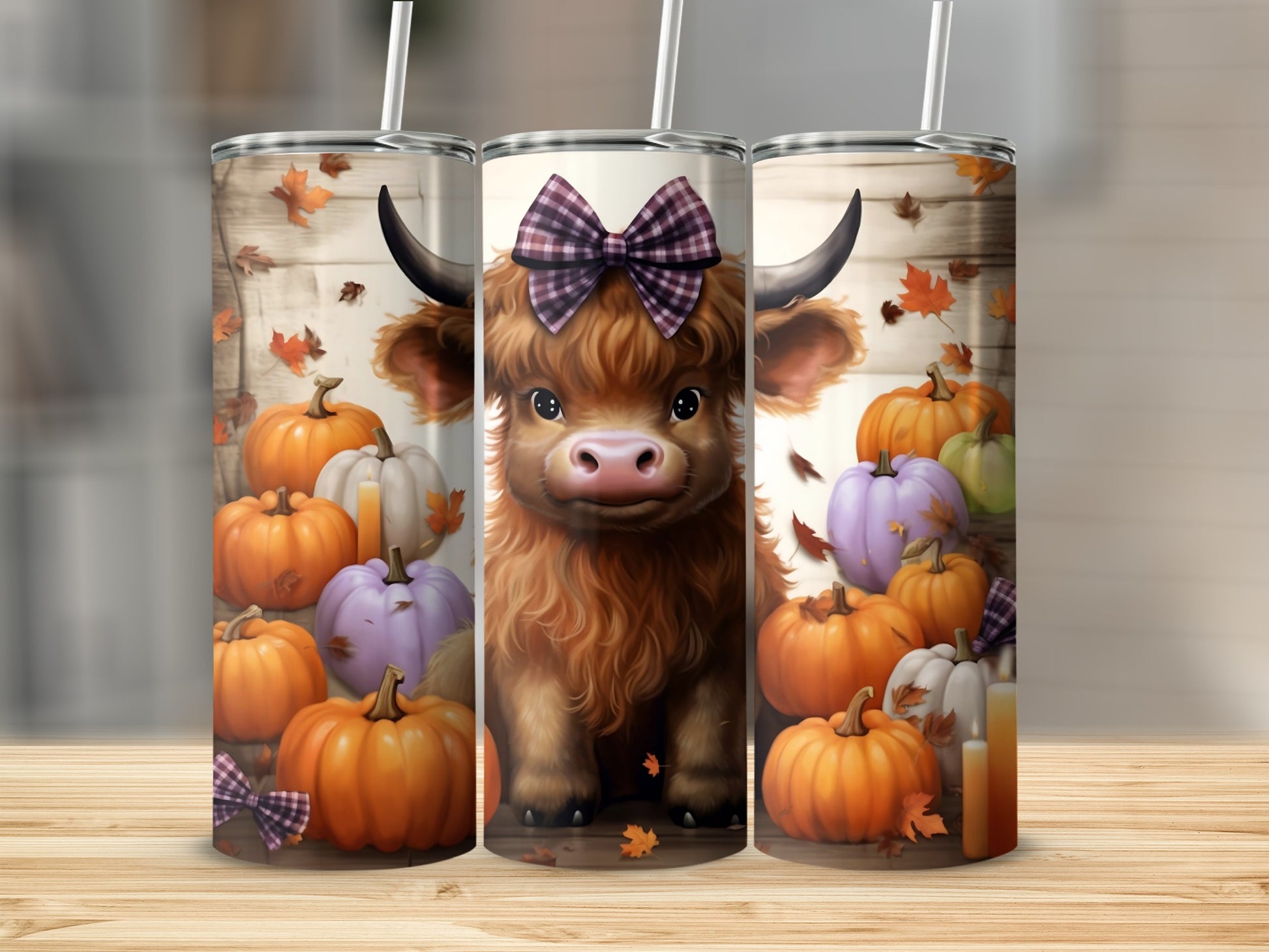 Cute Highland Cow with Autumn Pumpkins Design tumbler