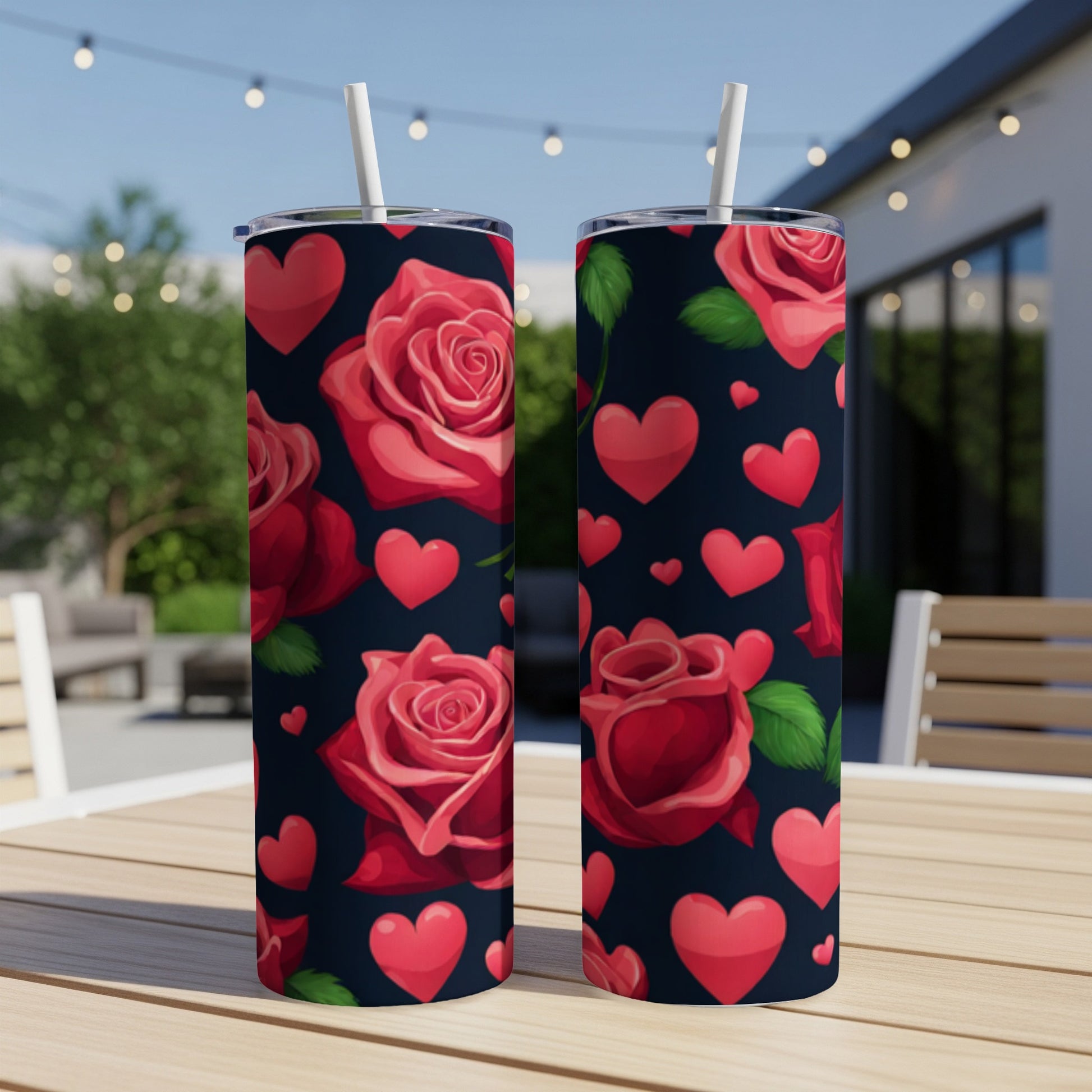Two tumblers with red roses and heart pattern on a dark background.