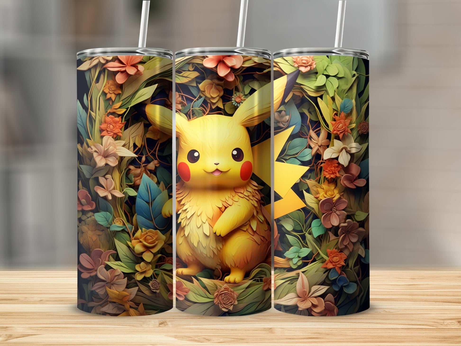 Pikachu with Floral Background Stainless Steel Tumbler