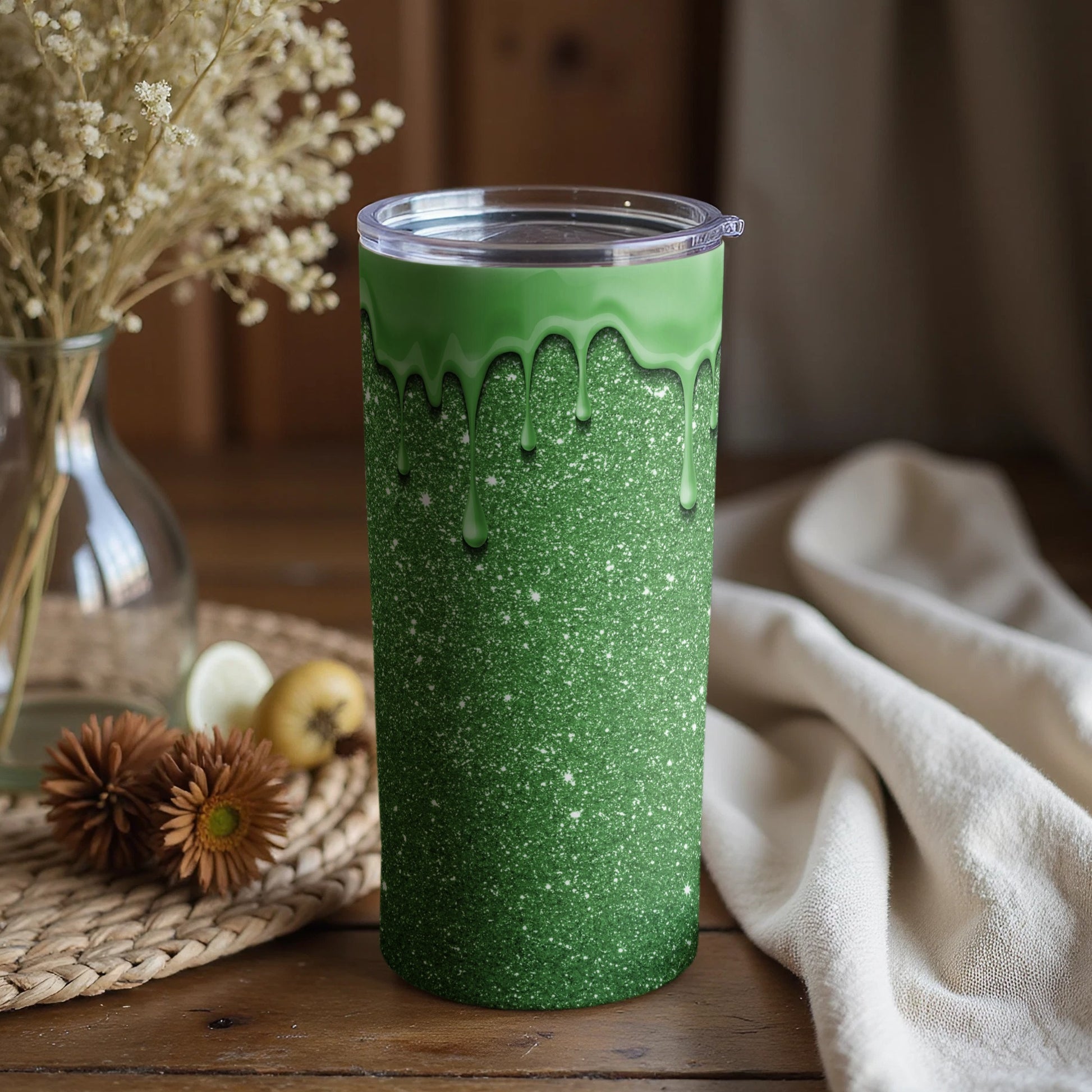 Green Glitter Drip Insulated Tumbler for Cold Drinks