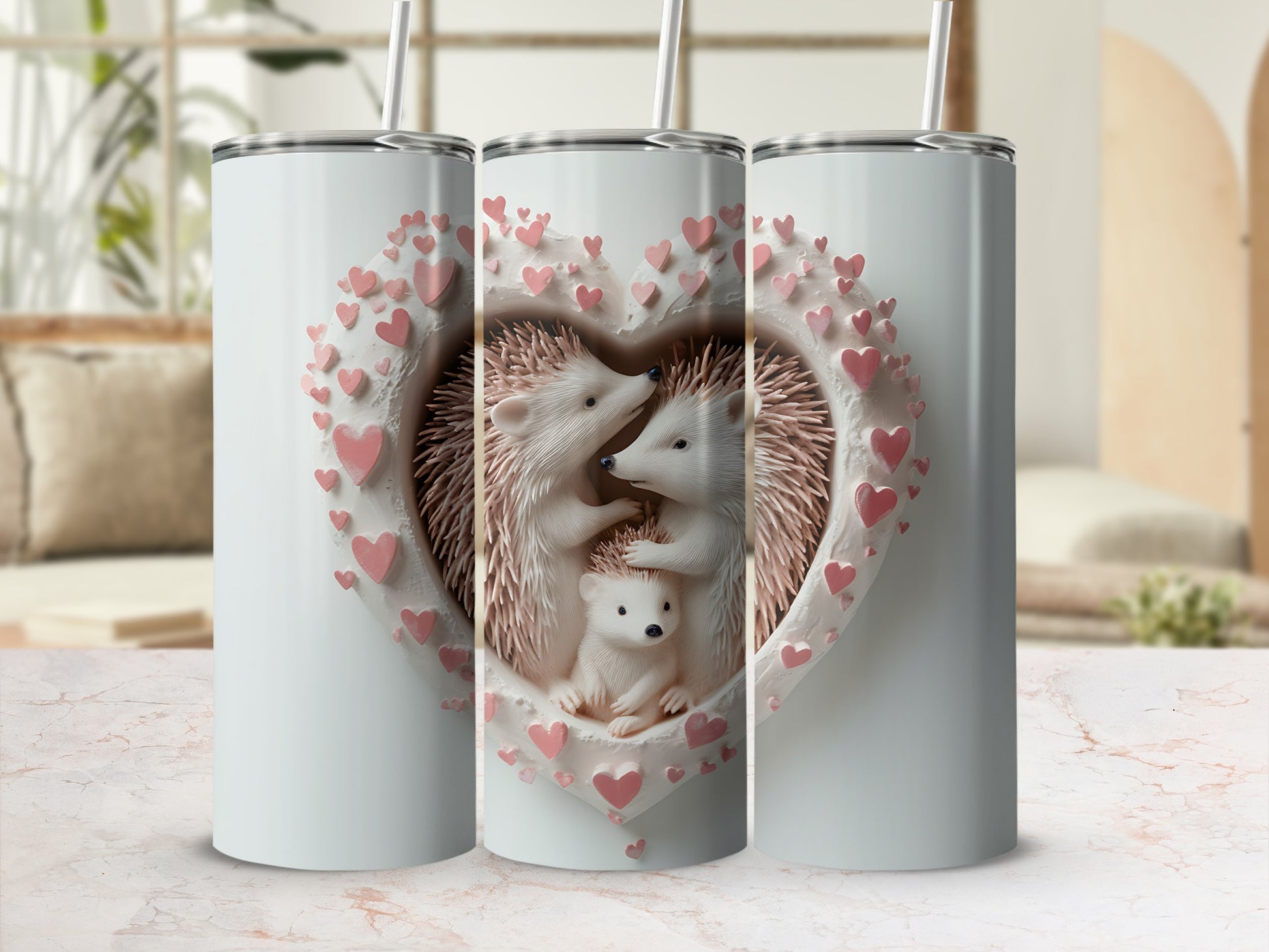 Three white tumblers with a heart design featuring hedgehogs and pink hearts.
