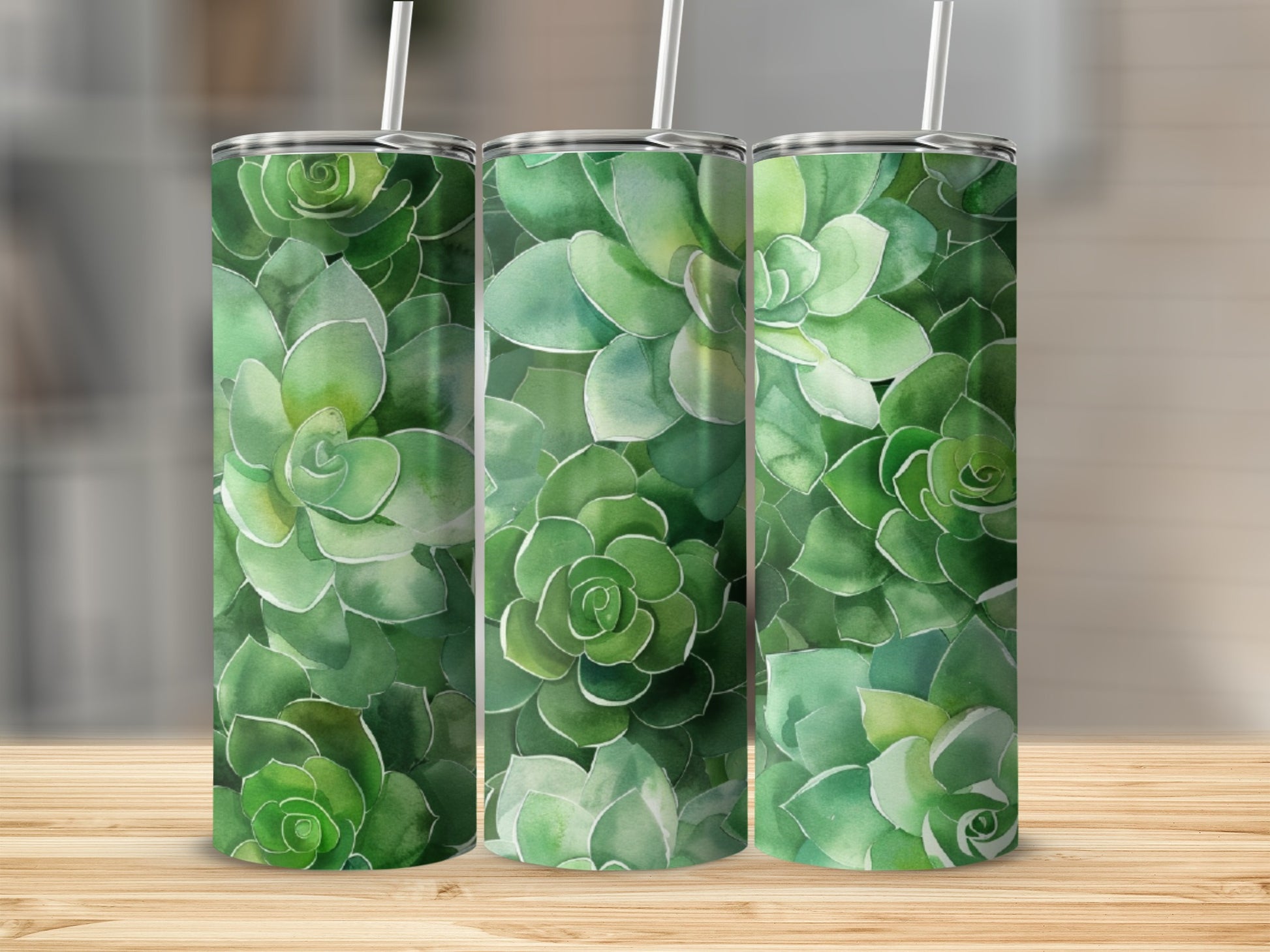 Three tumblers with a repeating succulent plant pattern.