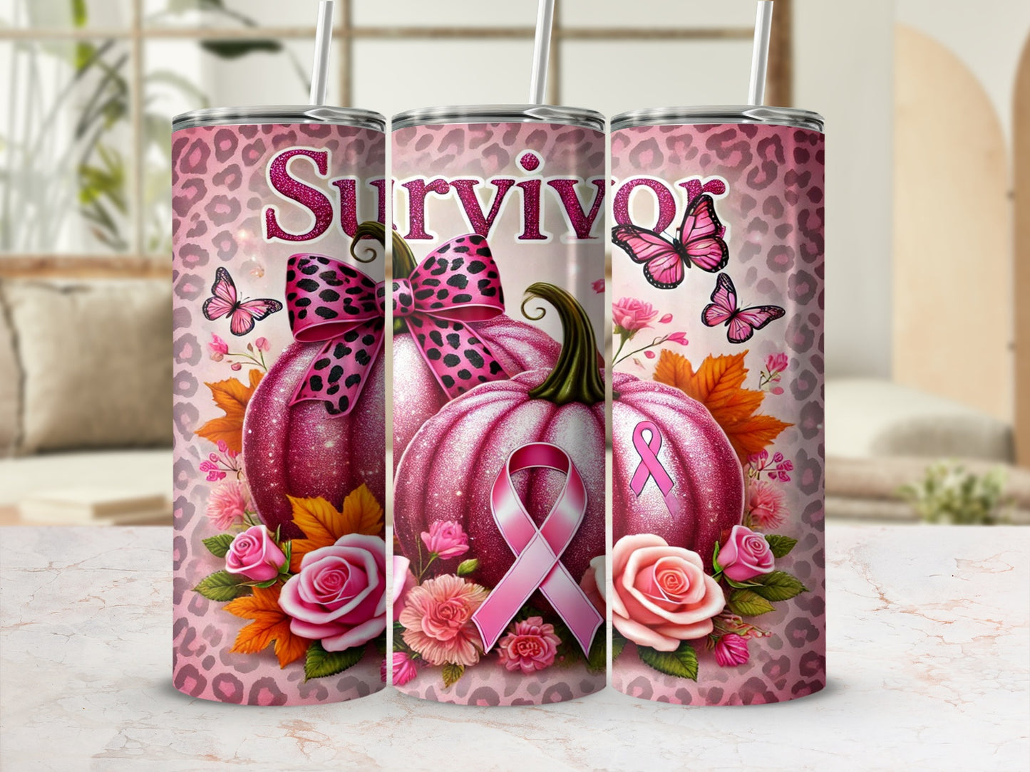 Pink pumpkin with bow and ribbon on leopard print, surrounded by roses and butterflies.