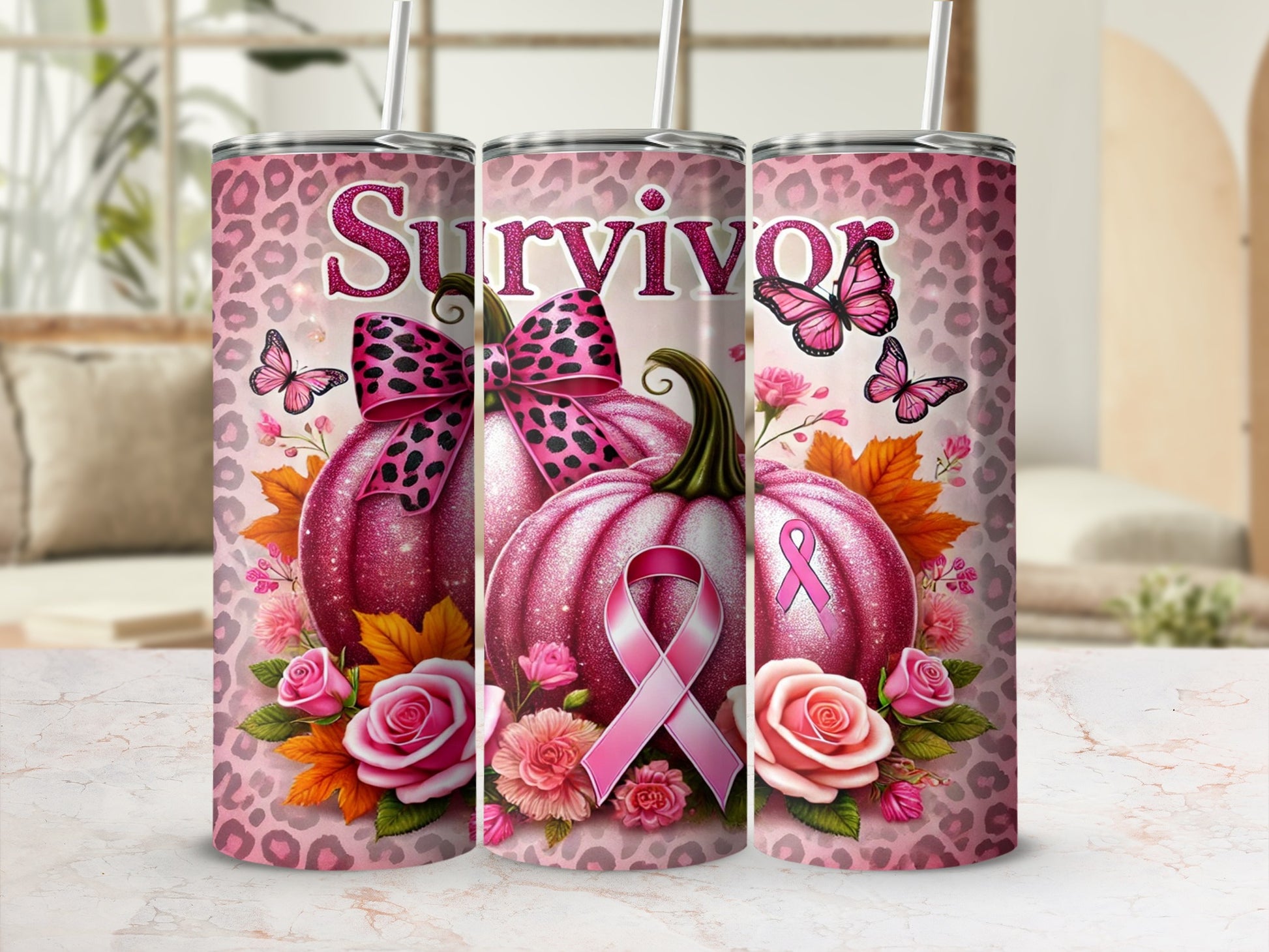 Pink pumpkin with bow and ribbon on leopard print, surrounded by roses and butterflies.