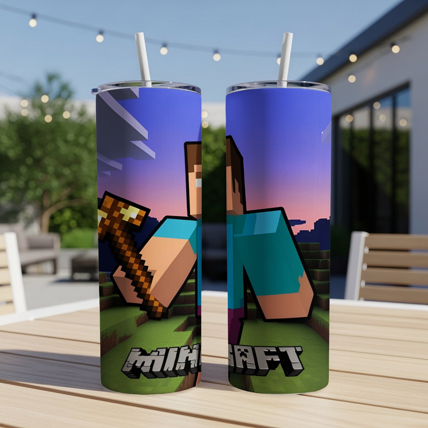 Minecraft Steve character holding an axe on a tumbler.