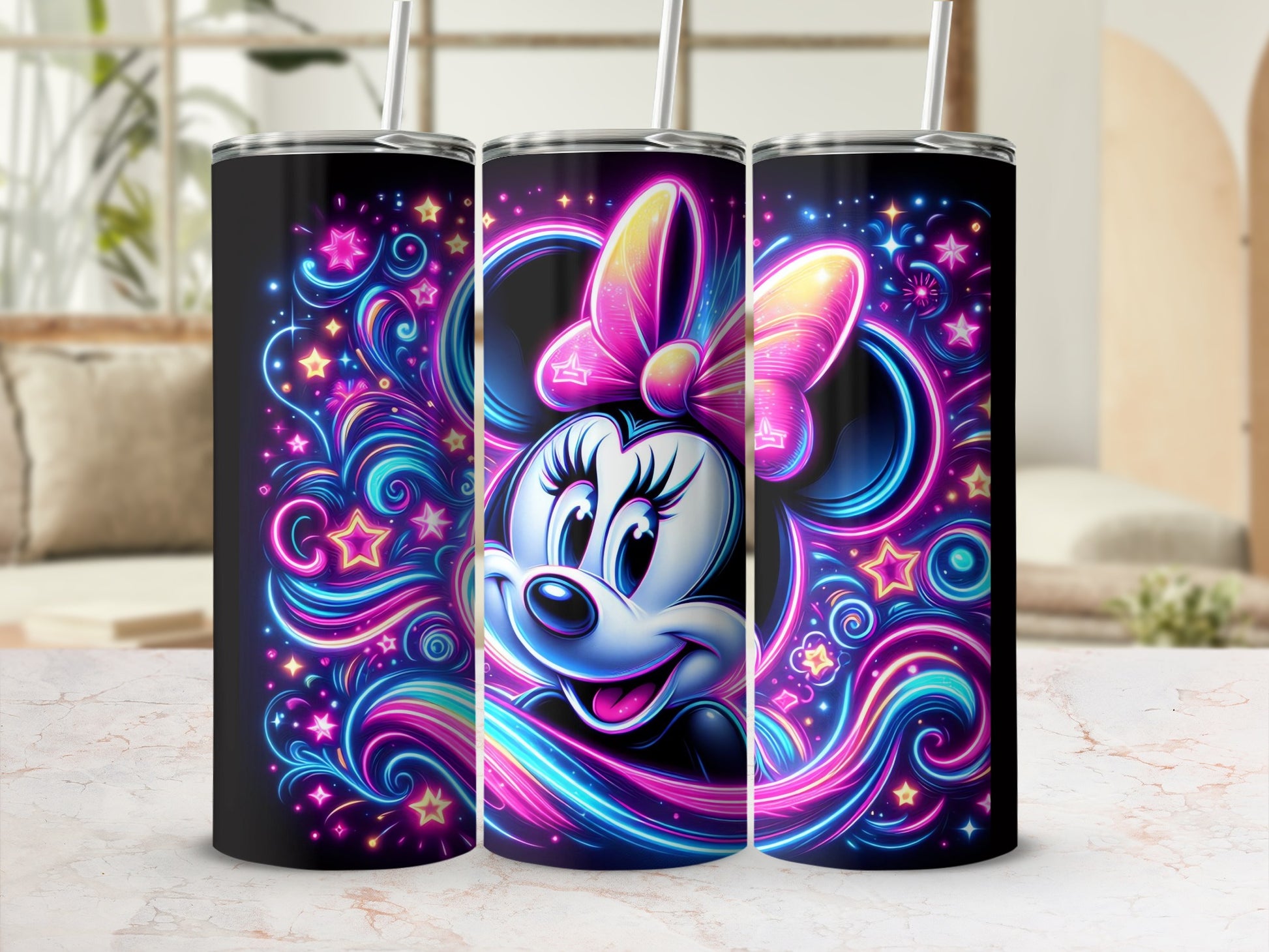Bright and Colorful Tumbler Featuring Minnie Mouse