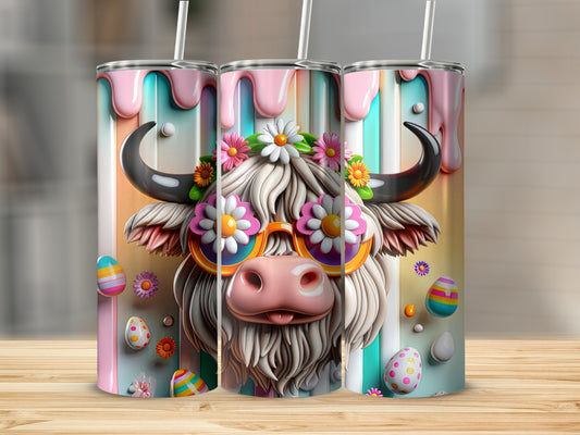 Cartoon bull with Easter eggs and flowers, wearing sunglasses.