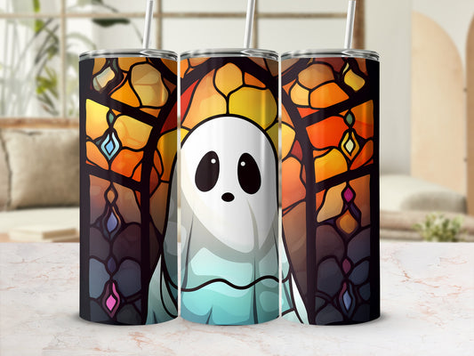 Ghost tumbler with stained glass window pattern and straw.