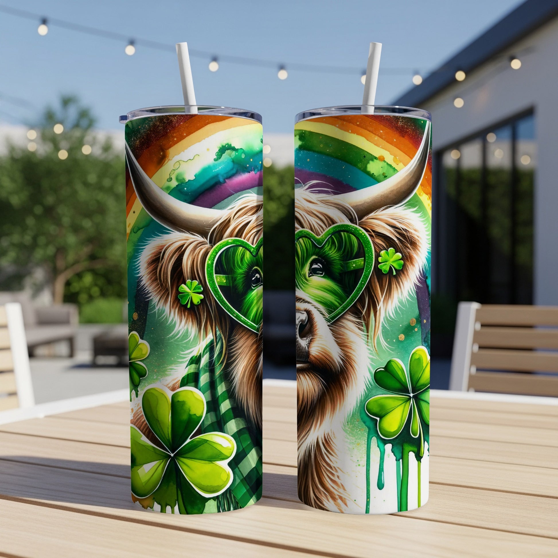 Highland cow with green heart glasses and rainbow, shamrock design.