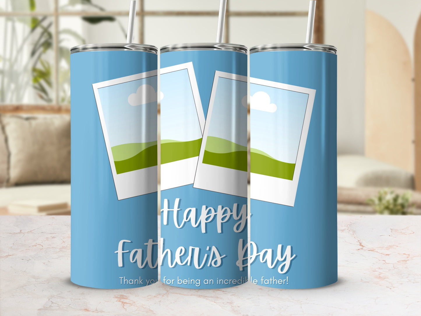 Blue tumbler with "Happy Father's Day" text and two picture frames.