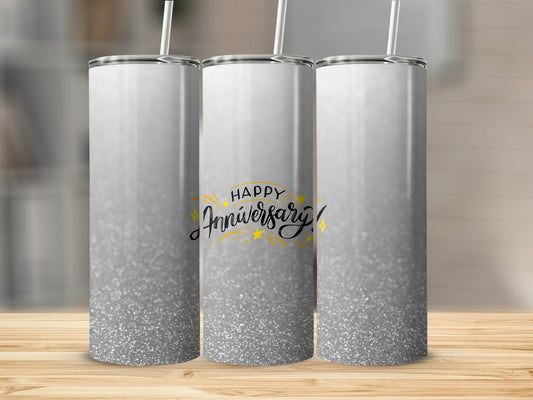 Silver glitter tumbler with "Happy Anniversary!" text.