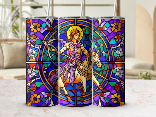 Stained glass tumbler design featuring Saint George on horseback slaying a dragon.
