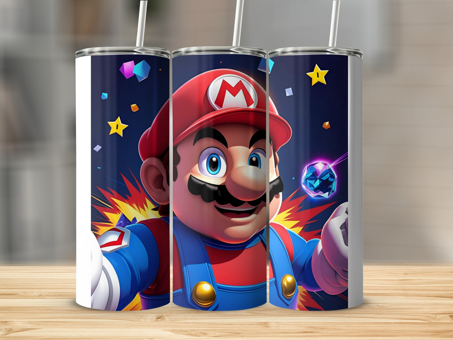 Mario in his iconic red hat and overalls holding a shining blue gem.