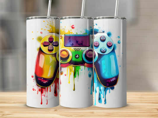 Three tumblers with colorful video game controller graphics.