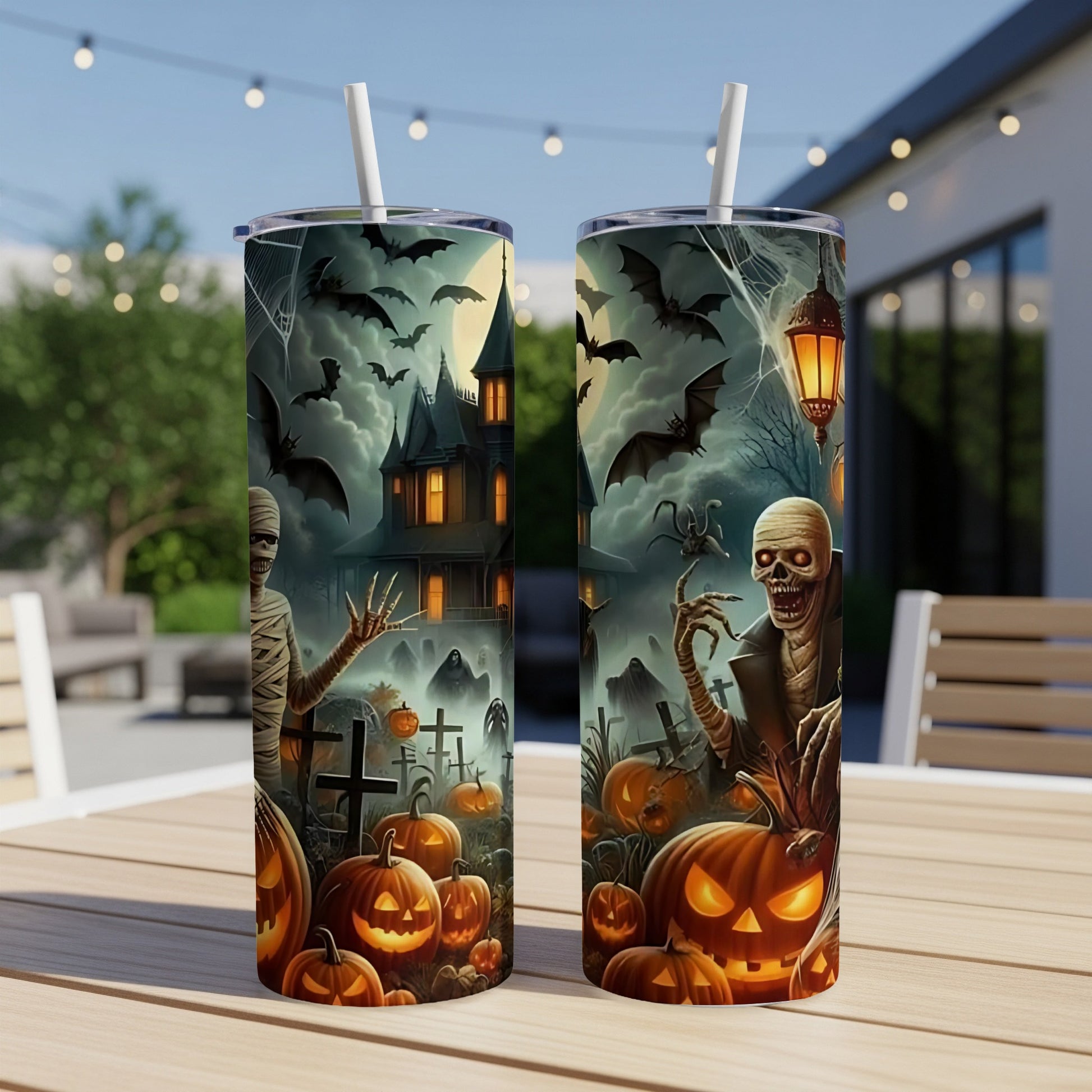 Two tumblers with a spooky Halloween graveyard and haunted house design.