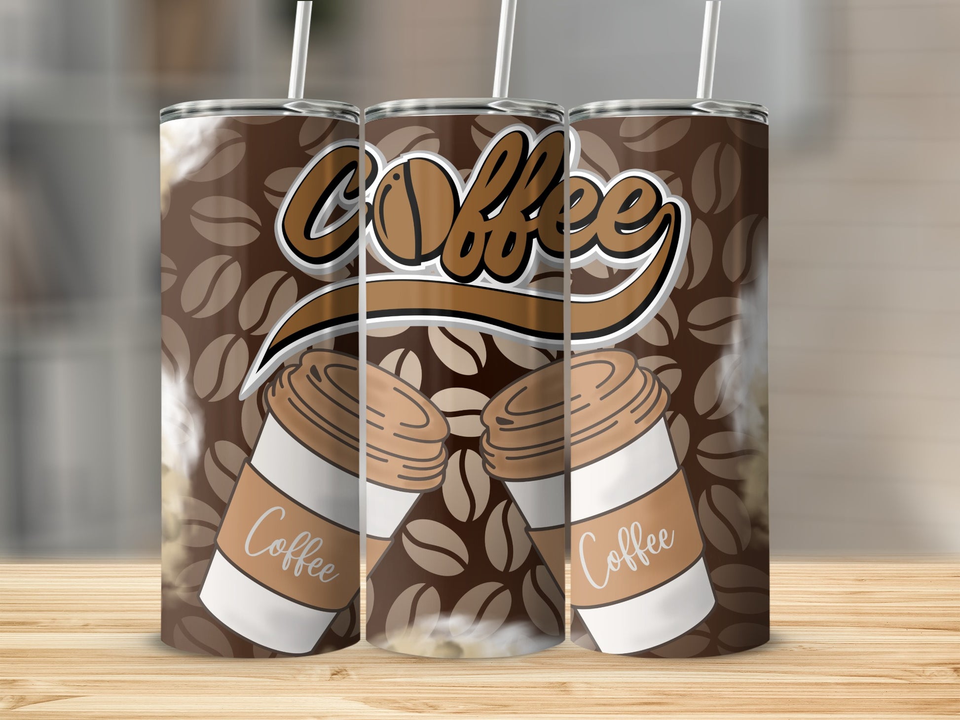 Coffee Themed Tumbler with Beans and Cups Design