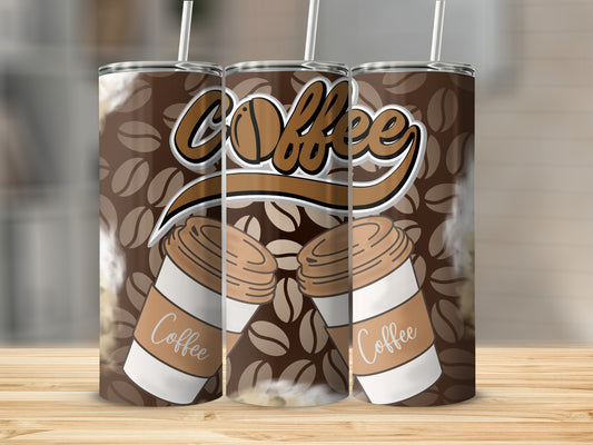 Coffee Themed Tumbler with Beans and Cups Design