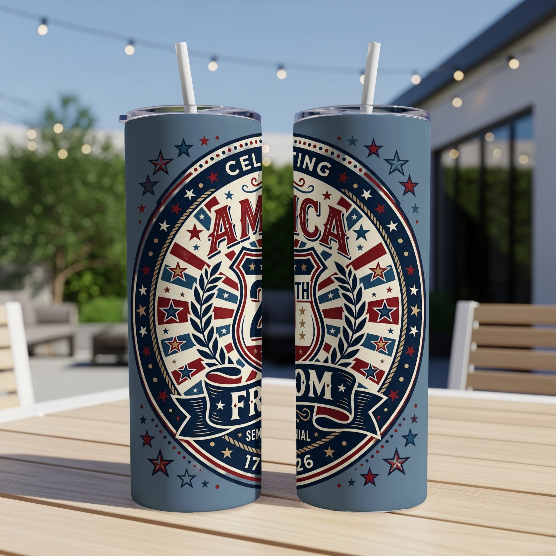 Ameri-ca Fourth of July celebration patriotic design on two tumblers.