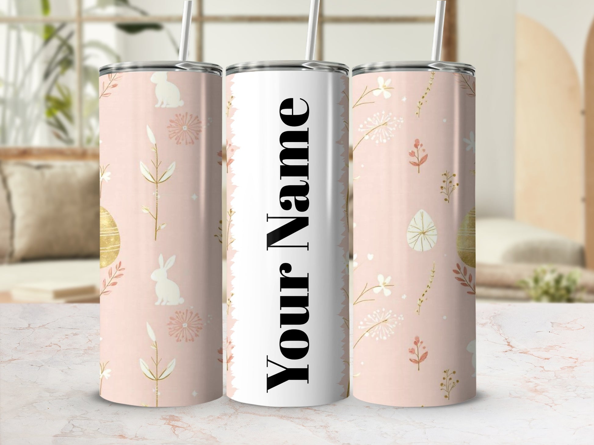 Personalized Floral Bunny Design Tumbler with Straw
