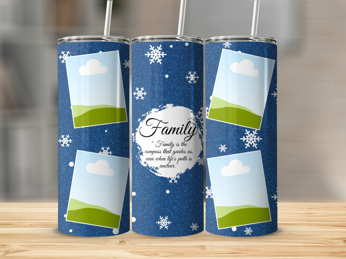 Tumblers with a blue denim design, snowflakes, photo frames, and "Family" quote.