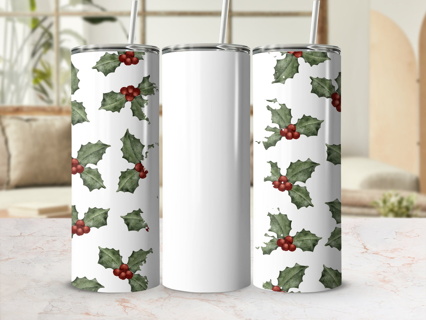 Festive Holly Leaves and Berries Tumbler Christmas Mug