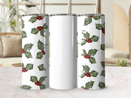 Festive Holly Leaves and Berries Tumbler Christmas Mug