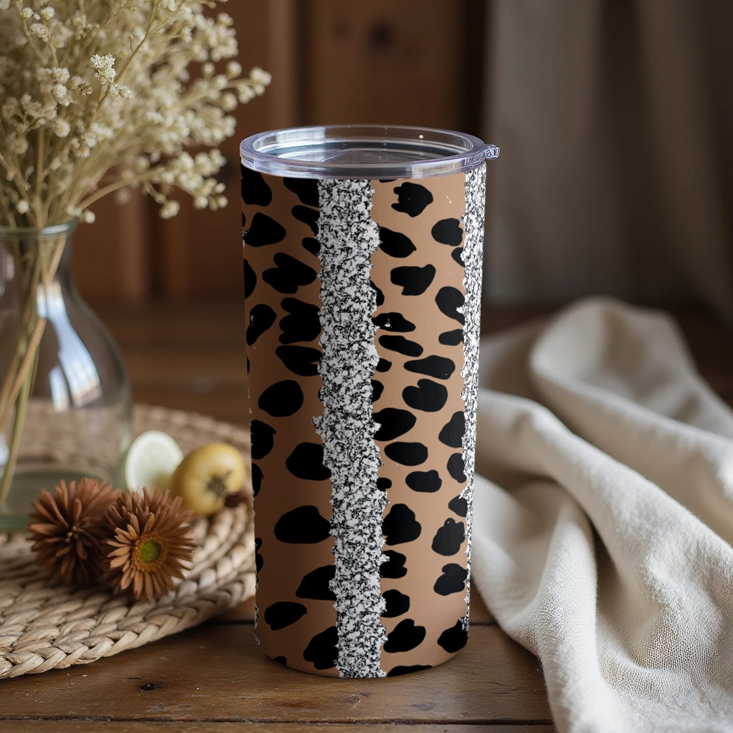 Stylish Leopard Print Tumbler with Glitter Stripe Design