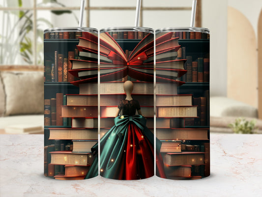 Stack of books forming a dress on a mannequin, with a bow.