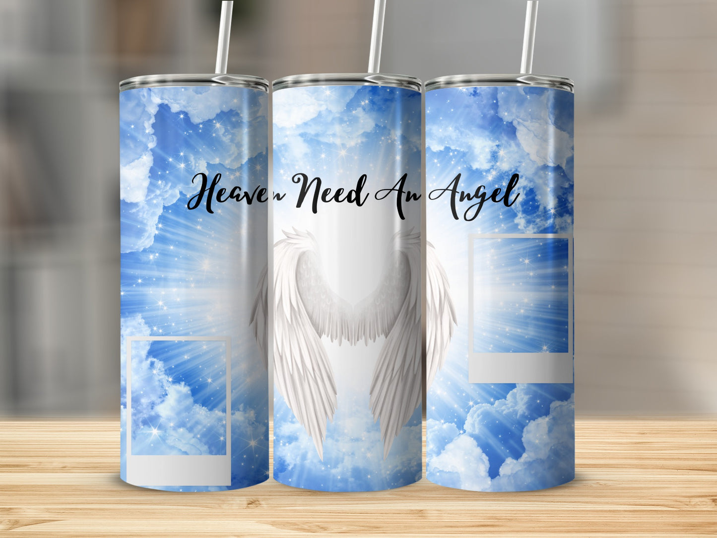 Three tumblers with a blue sky, clouds, stars, angel wings, and text that reads "Heaven Need An Angel."