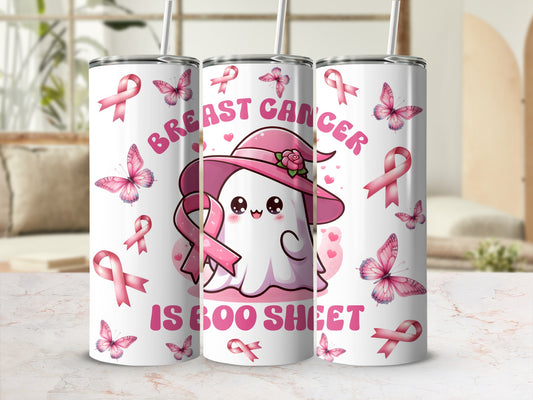 Pink ghost with butterflies and "Breast Cancer is Boo Sheet" text on tumbler.