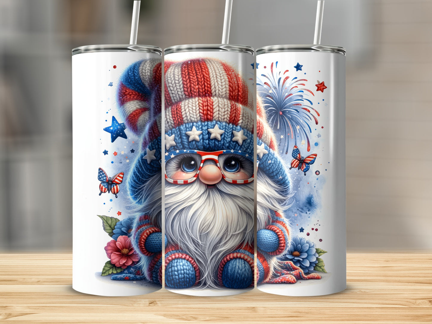 Gnome in patriotic hat and glasses, surrounded by fireworks and flowers.