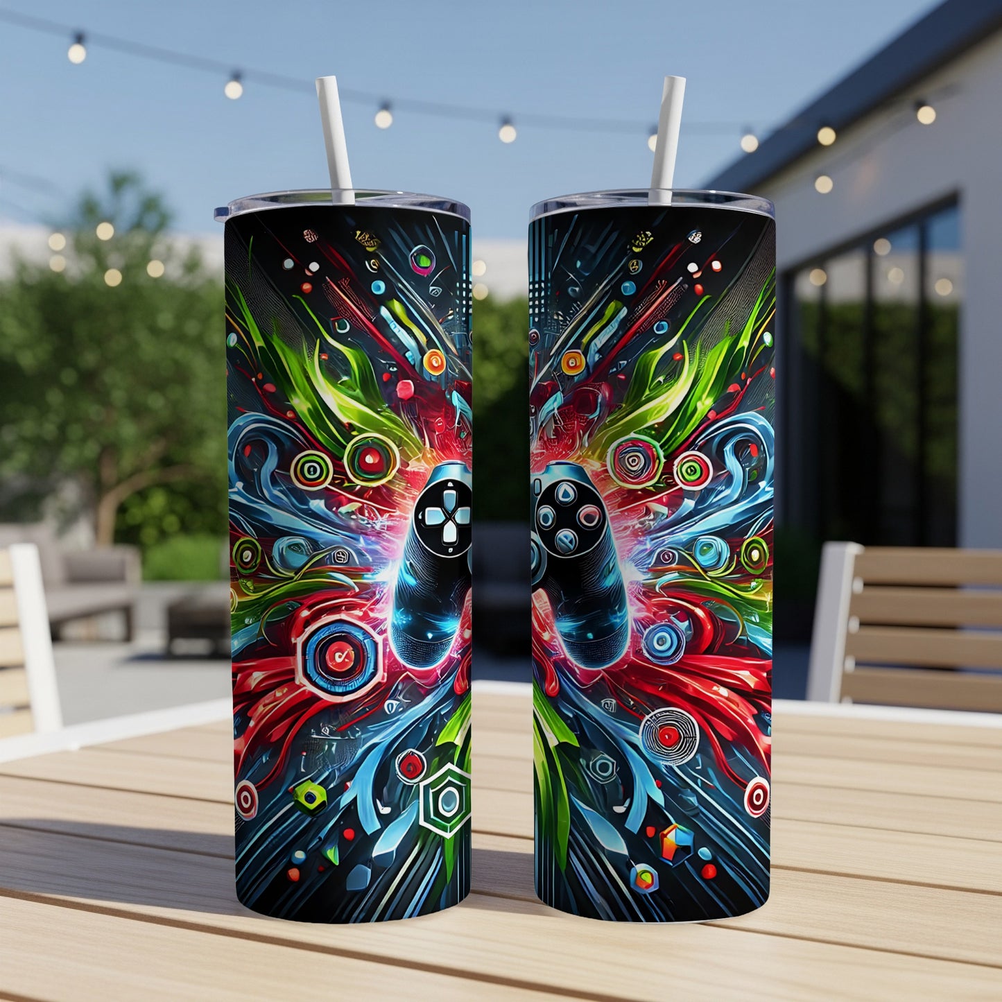 Black video game controller with colorful abstract graphics on a tumbler.