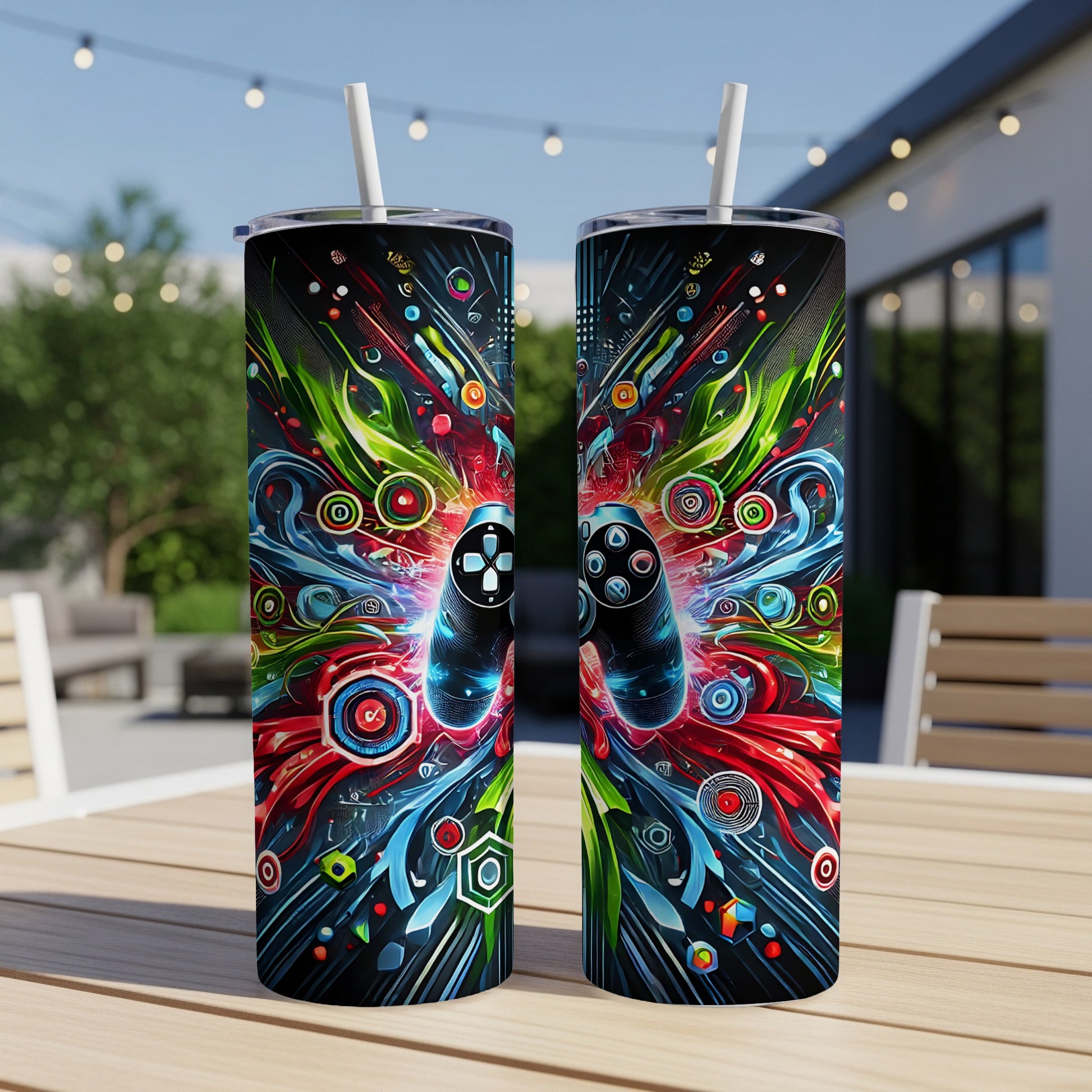 Black video game controller with colorful abstract graphics on a tumbler.