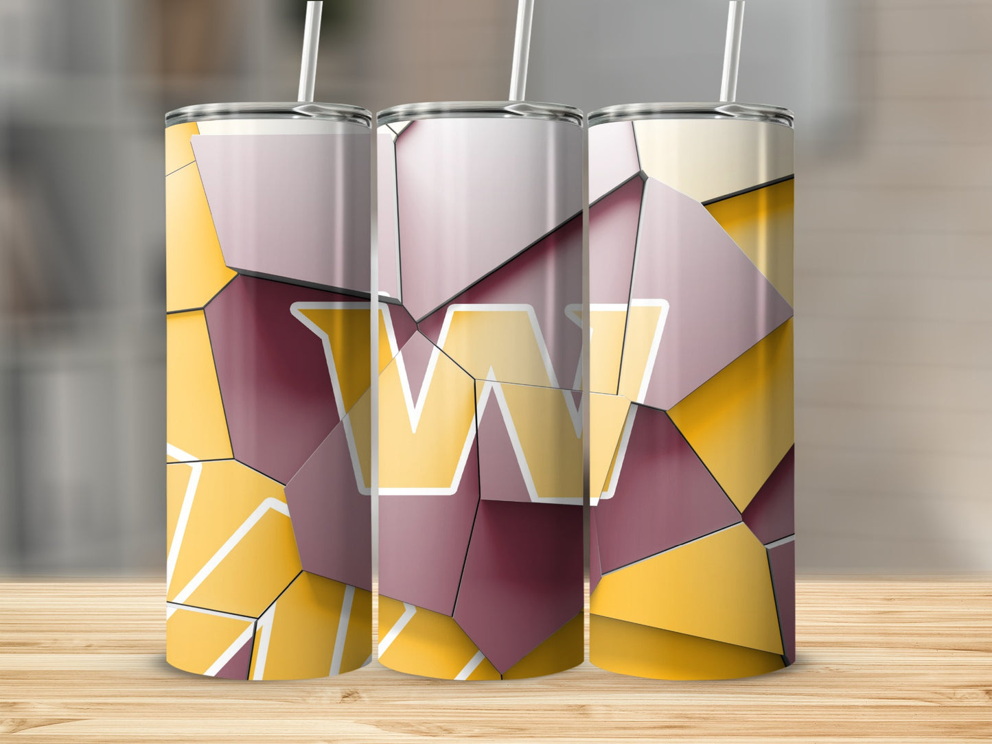 Geometric Letter W Design In Yellow And Purple Tumblers