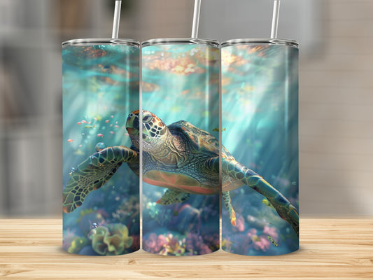 Green sea turtle swimming underwater with coral and small fish.