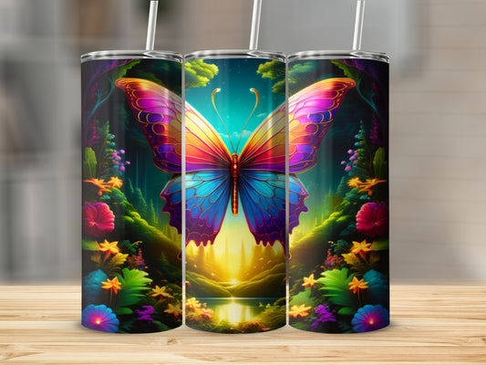 Vibrant butterfly artwork on a set of three insulated tumblers.
